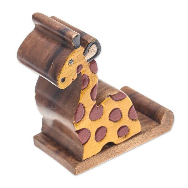 Alternate image for Giraffe-Themed Hand-Carved Raintree Wood Phone Holder Safari Support