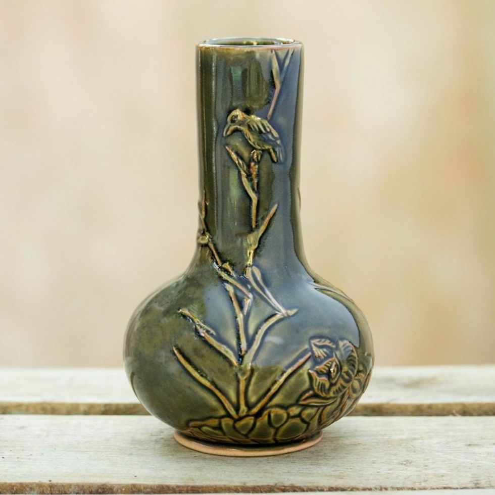 Handmade Green Ceramic Vase with Bird and Floral Motif 'Serenity'