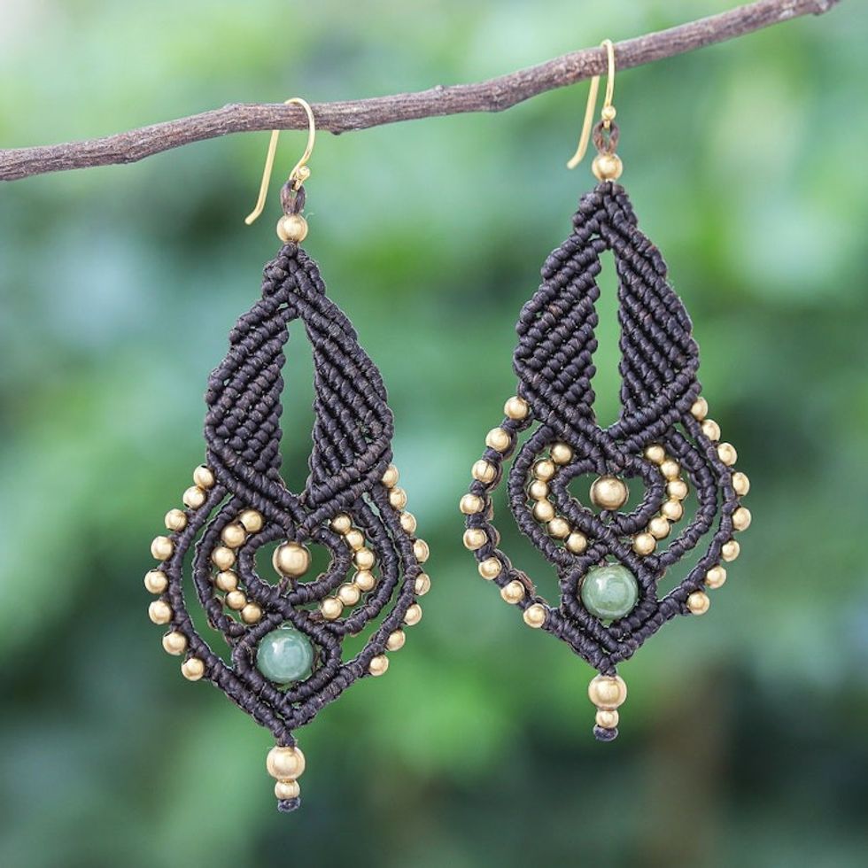 Gold-Accented Jade Macrame Earrings 'Heaven Can Wait'