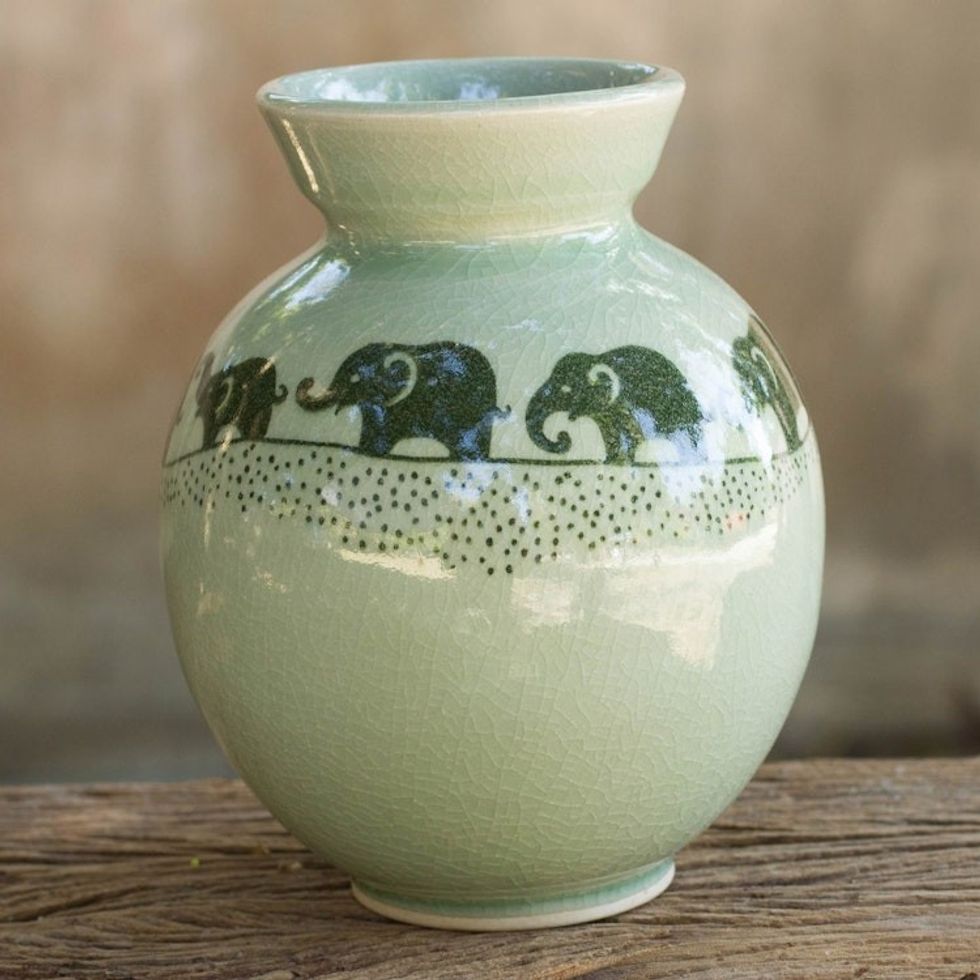 Handmade Green Celadon Ceramic Elephant Vase 'Prancing Jade Elephants'