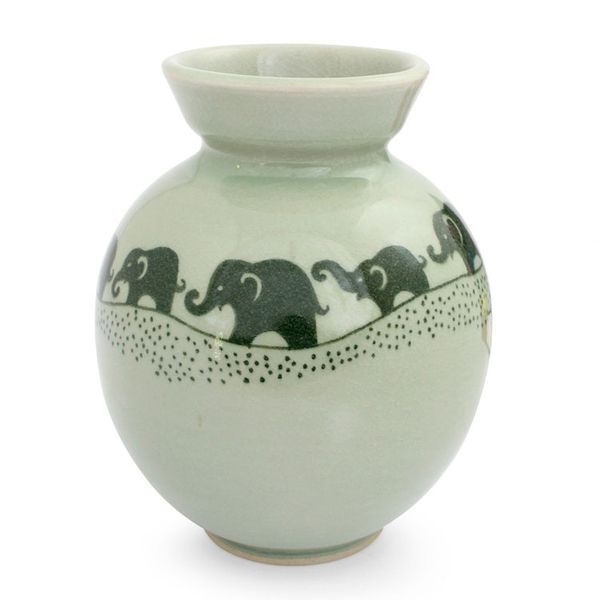 Alternate image for Handmade Green Celadon Ceramic Elephant Vase Prancing Jade Elephants