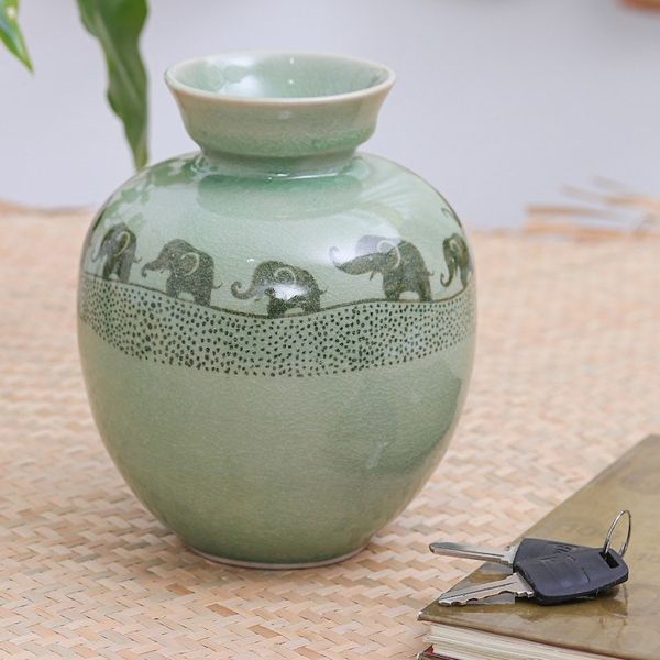 Alternate image for Handmade Green Celadon Ceramic Elephant Vase Prancing Jade Elephants