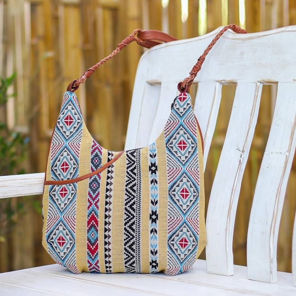 Leather-Accented Yellow Cotton Sling Bag 'Fabled Land in Yellow'