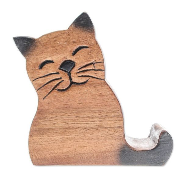 Alternate image for Cat-Themed Hand-Carved Raintree Wood Phone Holder Feline Support