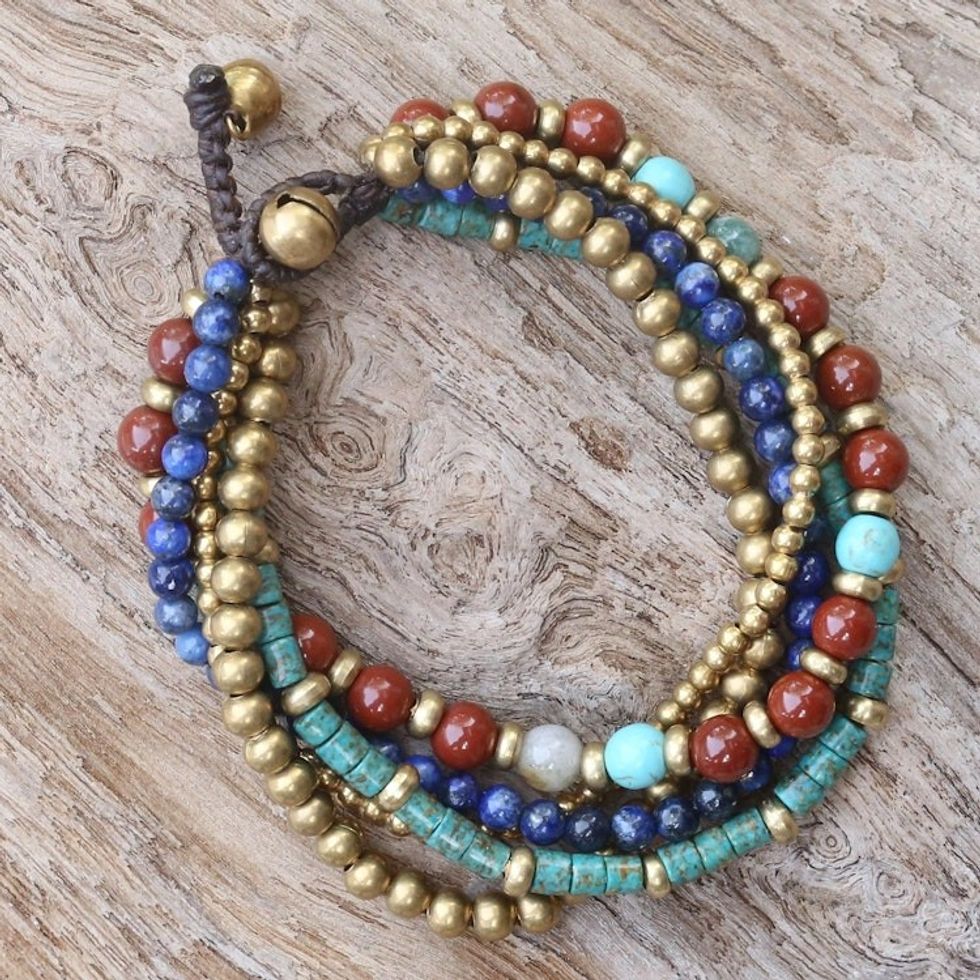 Multi Gemstone Beaded Bracelet from Thailand 'Beads and Bells'
