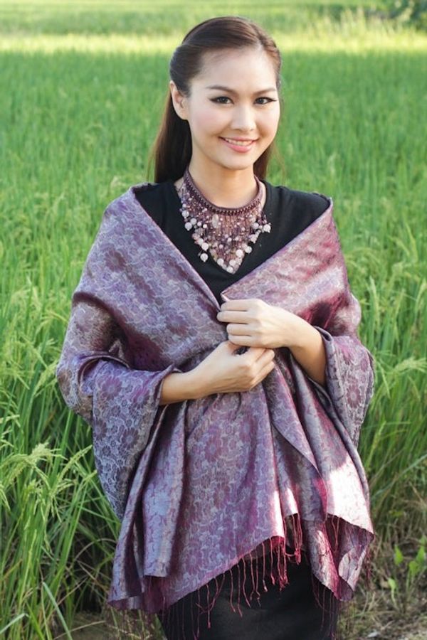 Alternate image for Rich Purple and Gray Rayon Blend Jacquard Shawl Mandarin Dusk