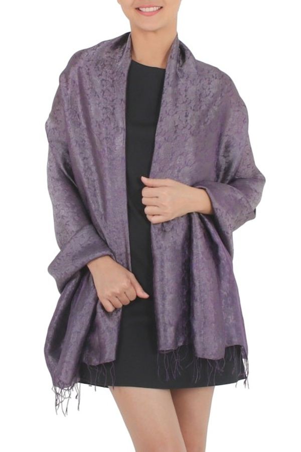 Alternate image for Rich Purple and Gray Rayon Blend Jacquard Shawl Mandarin Dusk