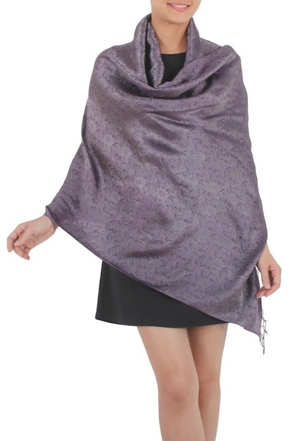 Alternate image for Rich Purple and Gray Rayon Blend Jacquard Shawl Mandarin Dusk