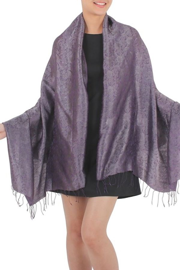 Alternate image for Rich Purple and Gray Rayon Blend Jacquard Shawl Mandarin Dusk