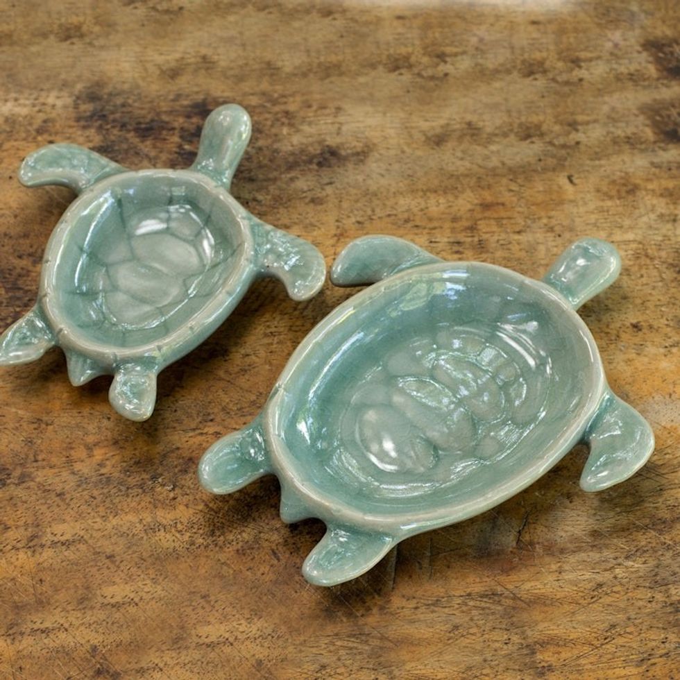 Handcrafted Celadon Ceramic Bowls from Thailand pair 'Aqua Thai Turtles'