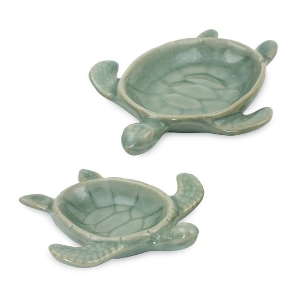 Alternate image for Handcrafted Celadon Ceramic Bowls from Thailand pair Aqua Thai Turtles