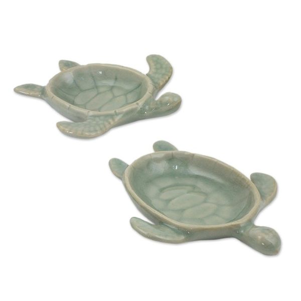 Alternate image for Handcrafted Celadon Ceramic Bowls from Thailand pair Aqua Thai Turtles