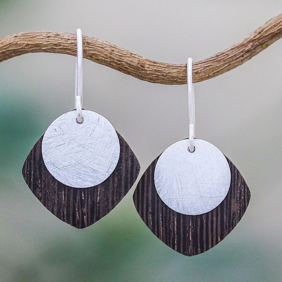 Sterling Silver and Wood Dangle Earrings from Thailand 'Simple and Sophisticated'