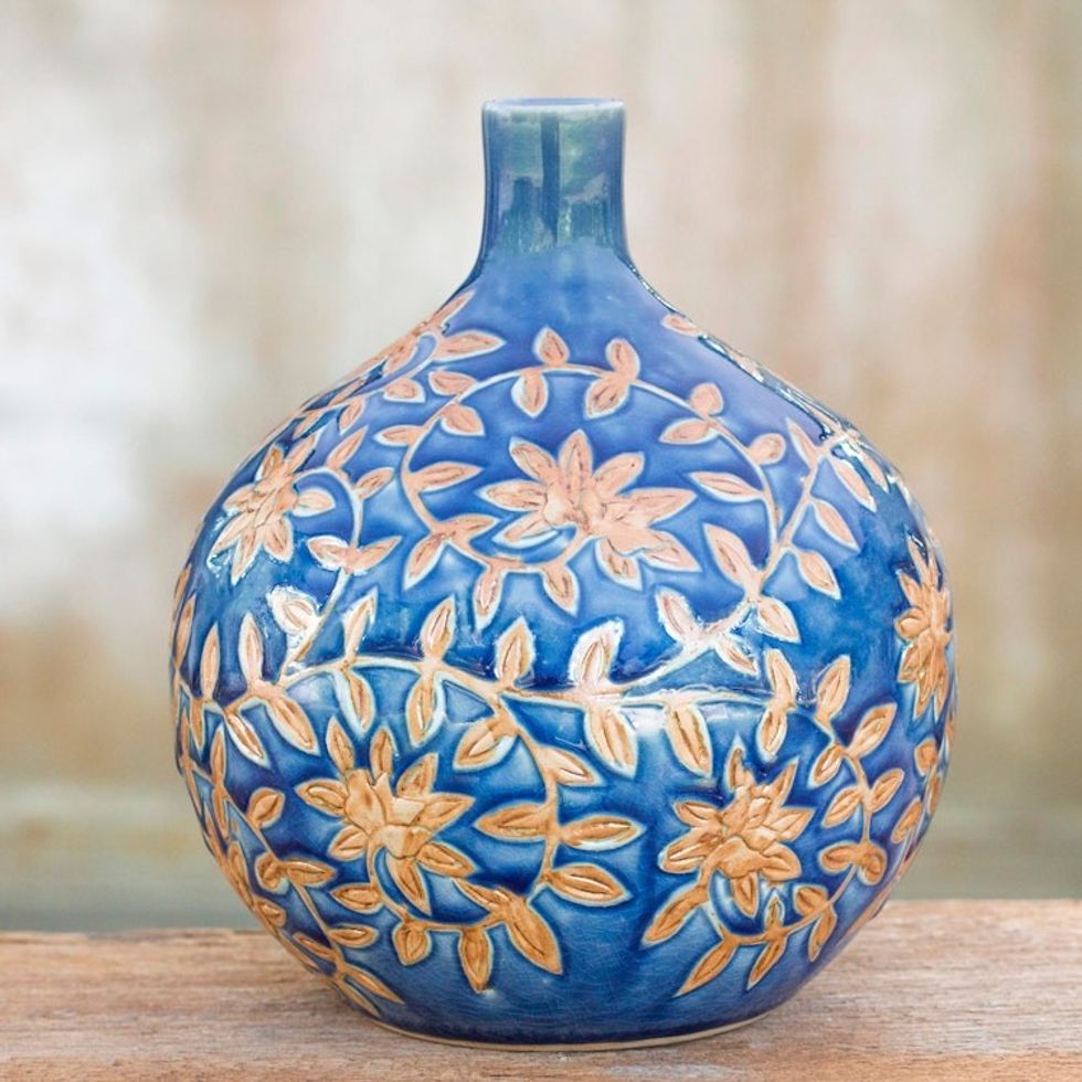 Handcrafted Celadon Ceramic Vase from Thailand 'Golden Jasmine'
