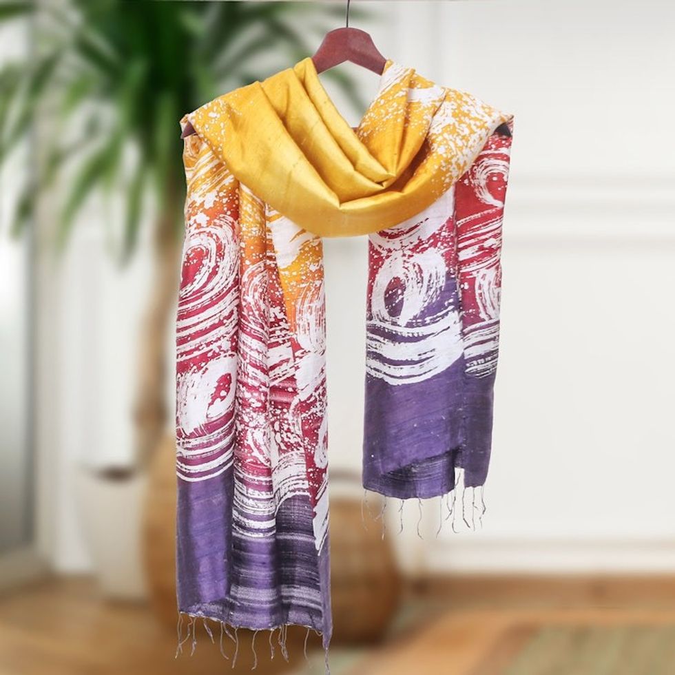 Silk Batik Shawl in Yellow and Purple Hues Made in Thailand 'Ocean Summer'