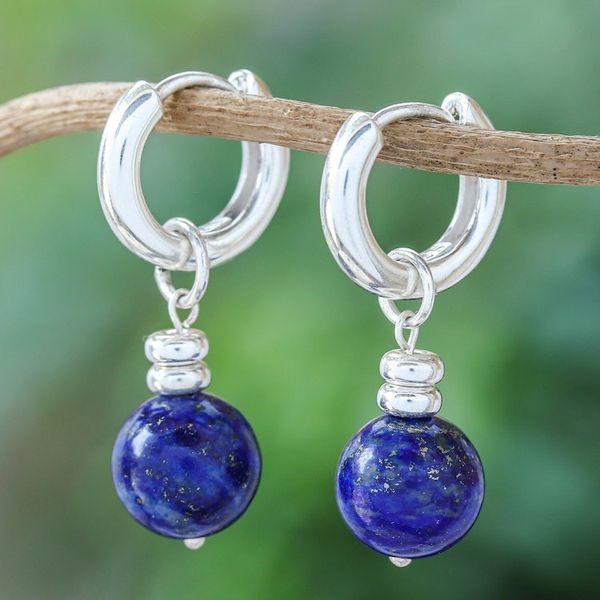Alternate image for Sterling Silver Hoop Earrings with Lapis Lazuli Stones Shining Allure