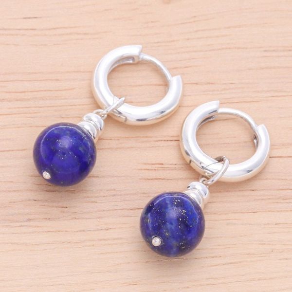 Alternate image for Sterling Silver Hoop Earrings with Lapis Lazuli Stones Shining Allure