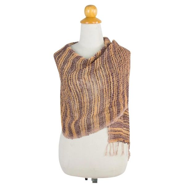 Alternate image for Handwoven Cotton Open Weave Scarf in Brown and Yellow Autumn Melange