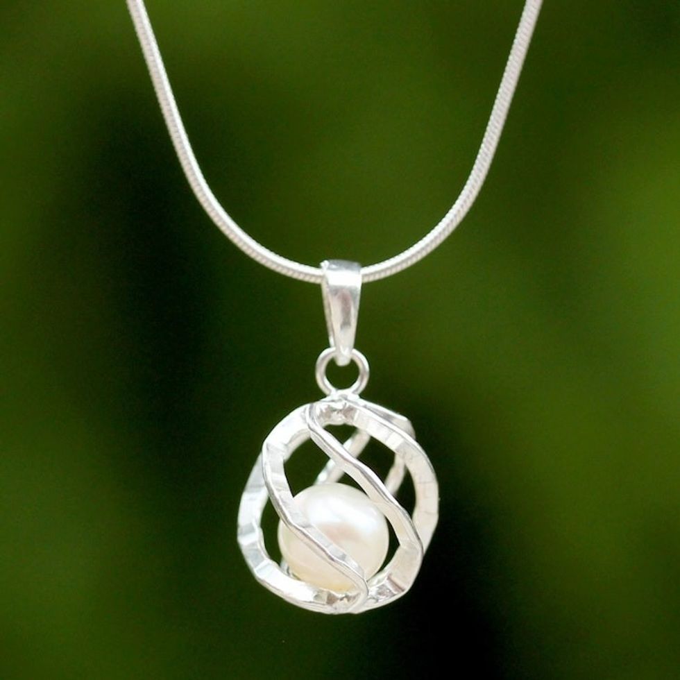 Thai Sterling Silver and Cultured Pearl Pendant Necklace 'White Orb of Energy'