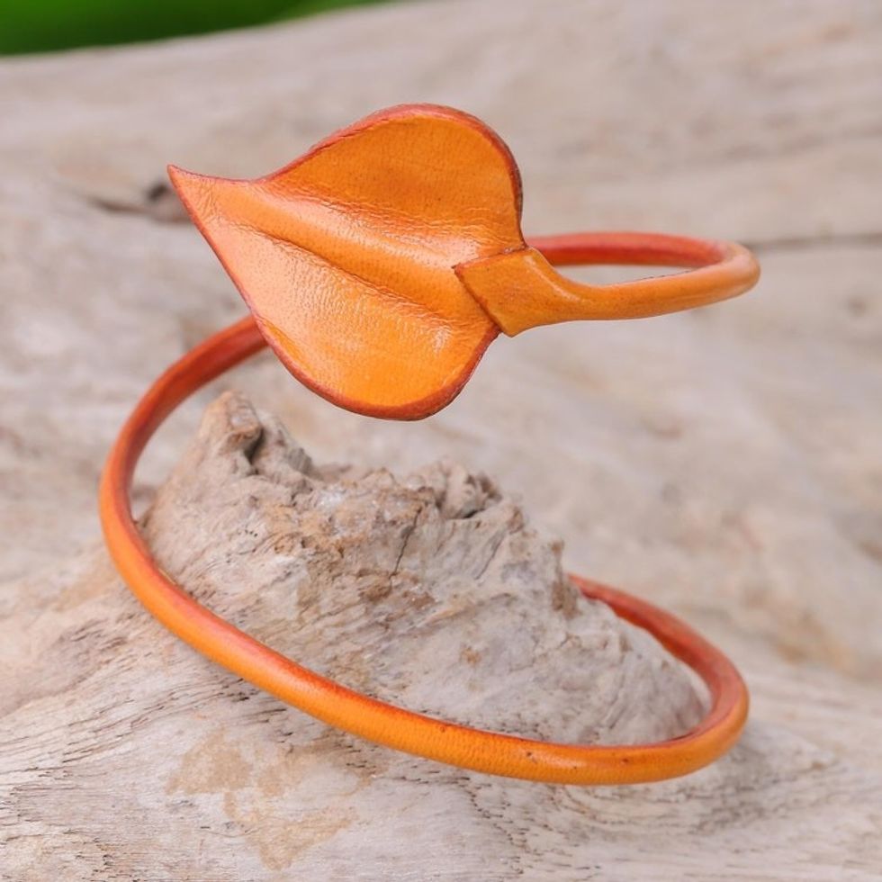 Leaf-Themed Leather Wrap Bracelet in Saffron from Thailand 'Heart Leaf in Saffron'