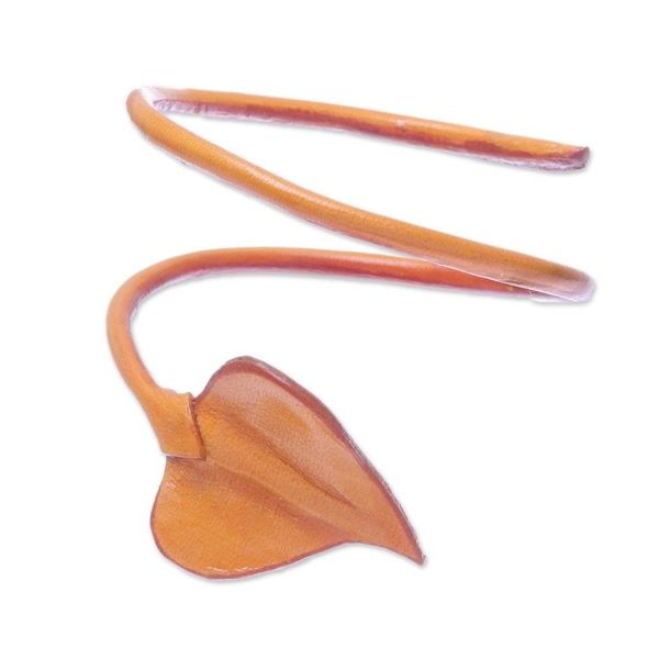 Alternate image for Leaf-Themed Leather Wrap Bracelet in Saffron from Thailand Heart Leaf in Saffron