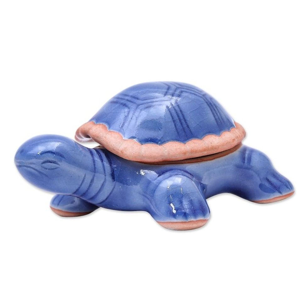 Handmade Celadon Ceramic Turtle Decorative Box 'Blue Turtle'
