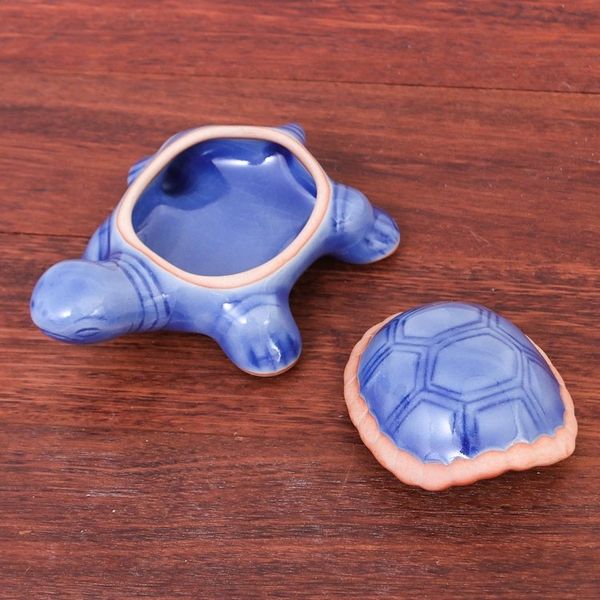 Alternate image for Handmade Celadon Ceramic Turtle Decorative Box Blue Turtle
