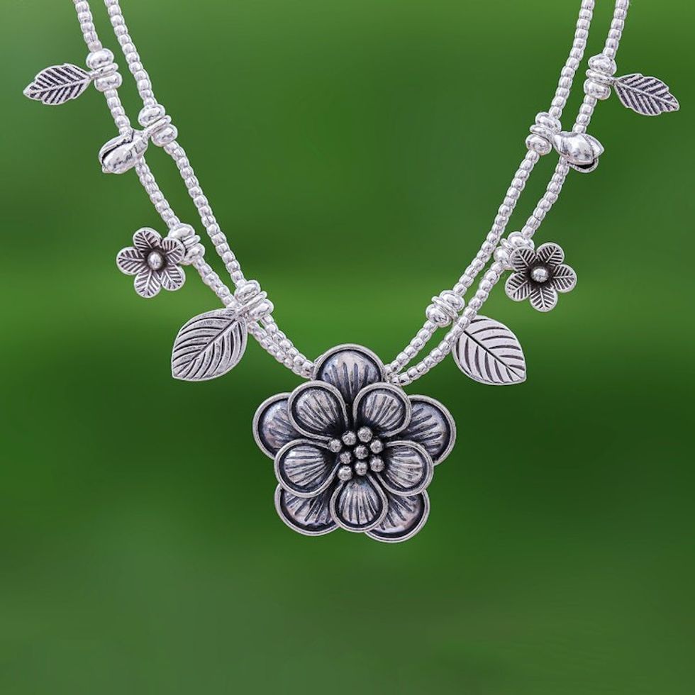 Silver Flower Two Strand Charm Necklace 'Karen Daisy'