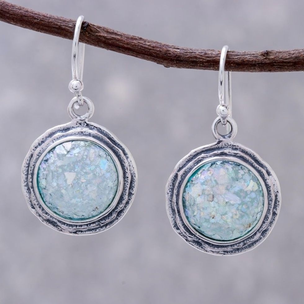Round Roman Glass Dangle Earrings Crafted in Thailand 'Roman Glamour'