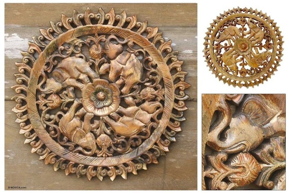 Unique Teak Wood Elephant Relief Panel 'Elephant Planet'