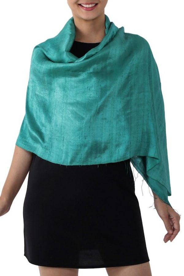 Alternate image for Handwoven Fringed Silk Shawl in Emerald from Thailand Comforting Turquoise