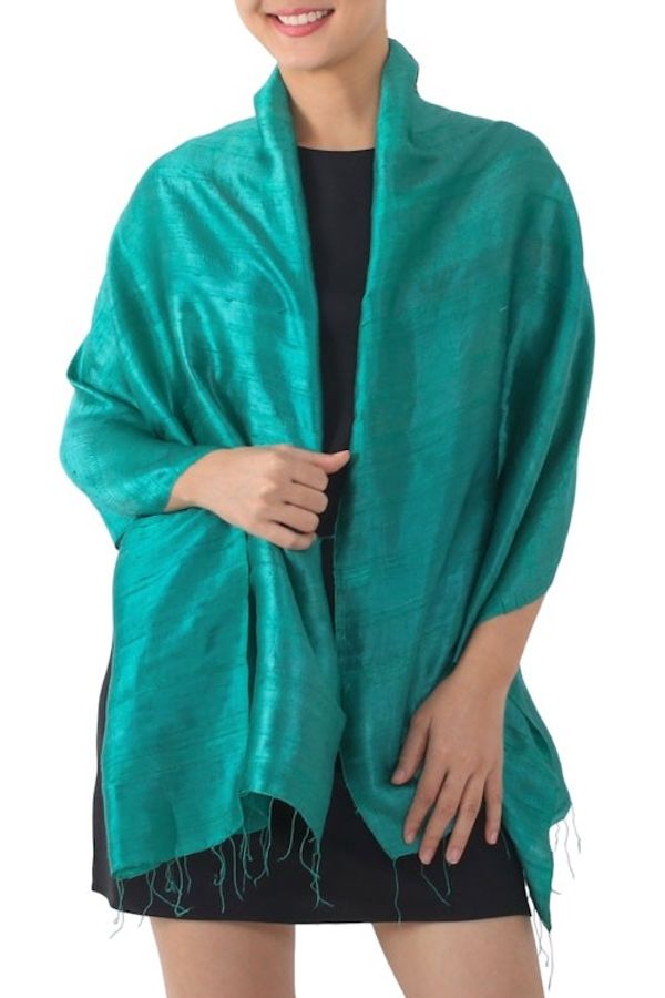 Alternate image for Handwoven Fringed Silk Shawl in Emerald from Thailand Comforting Turquoise