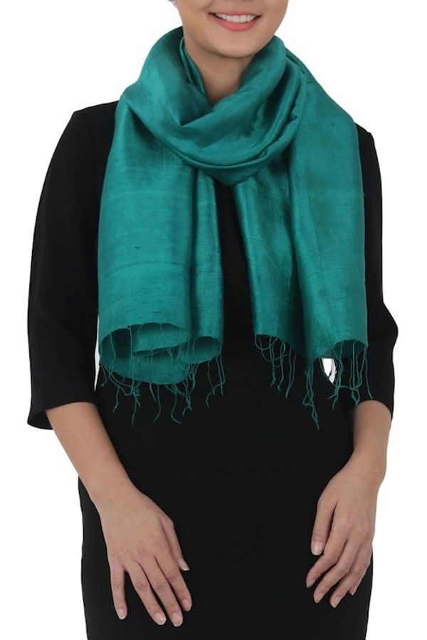 Alternate image for Handwoven Fringed Silk Shawl in Emerald from Thailand Comforting Turquoise