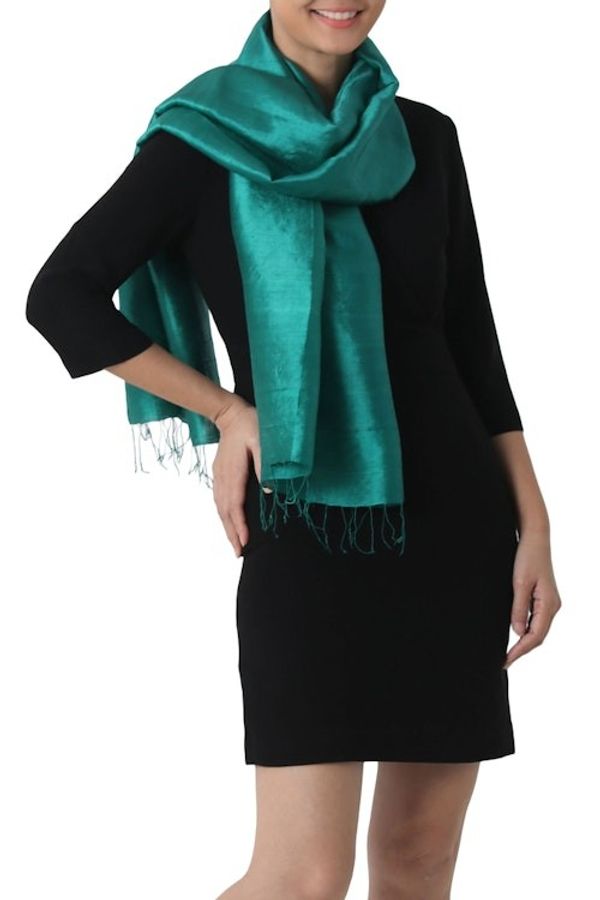 Alternate image for Handwoven Fringed Silk Shawl in Emerald from Thailand Comforting Turquoise