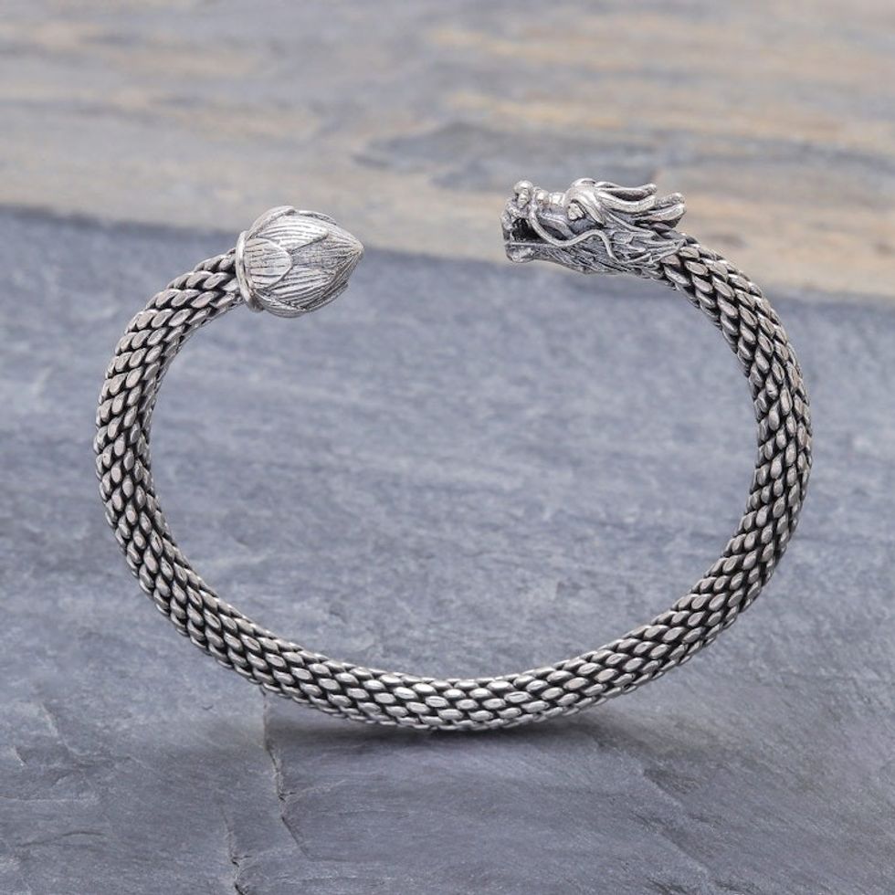 Unisex Sterling Silver Cuff with Dragon and Lotus 'Dragon and Lotus'