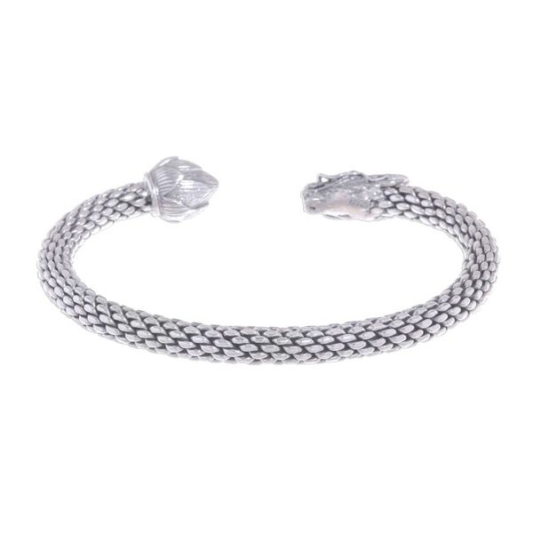 Alternate image for Unisex Sterling Silver Cuff with Dragon and Lotus Dragon and Lotus