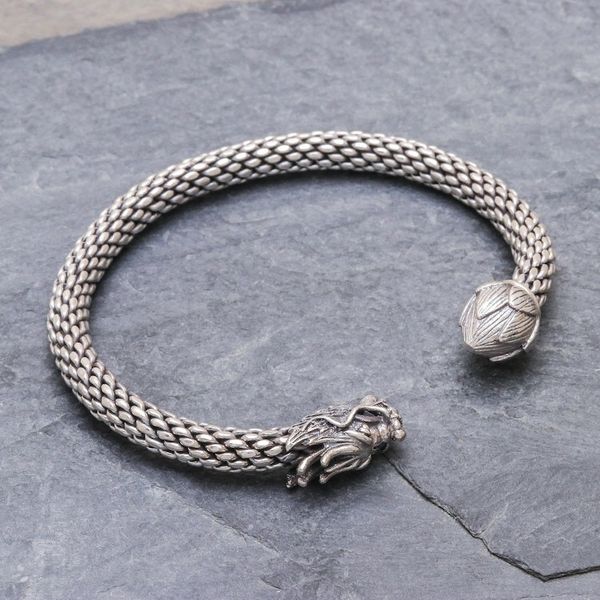 Alternate image for Unisex Sterling Silver Cuff with Dragon and Lotus Dragon and Lotus