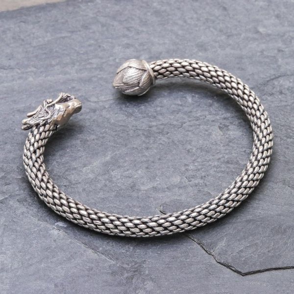 Alternate image for Unisex Sterling Silver Cuff with Dragon and Lotus Dragon and Lotus