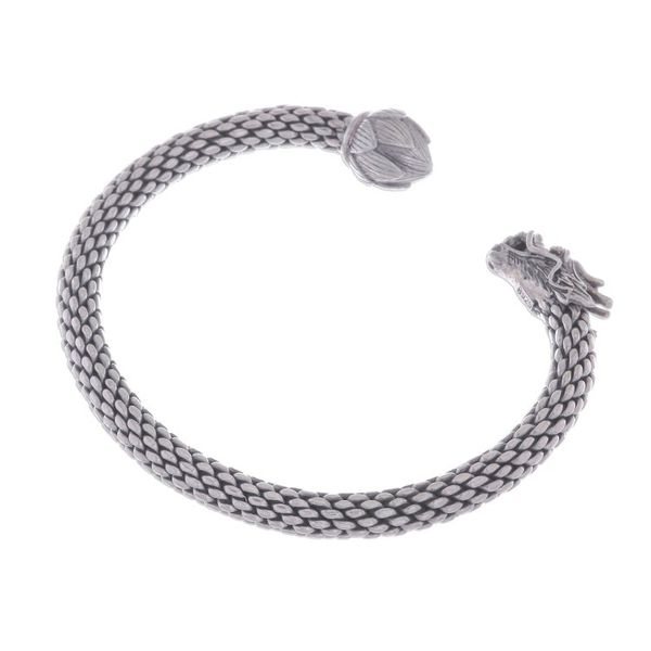 Alternate image for Unisex Sterling Silver Cuff with Dragon and Lotus Dragon and Lotus