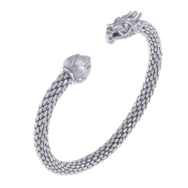 Alternate image for Unisex Sterling Silver Cuff with Dragon and Lotus Dragon and Lotus