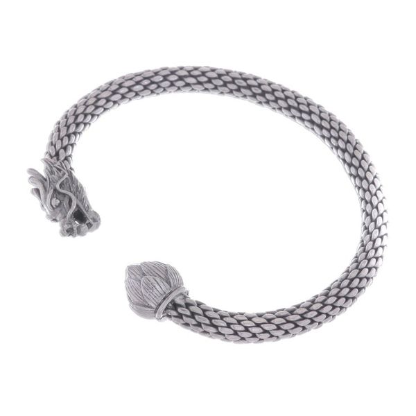 Alternate image for Unisex Sterling Silver Cuff with Dragon and Lotus Dragon and Lotus