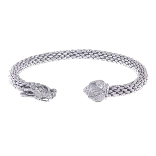 Alternate image for Unisex Sterling Silver Cuff with Dragon and Lotus Dragon and Lotus