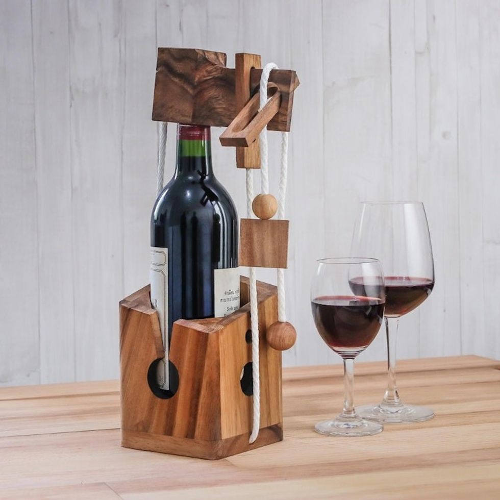 Handmade Wood Bottle Holder and Puzzle from Thailand 'Open the Bottle'