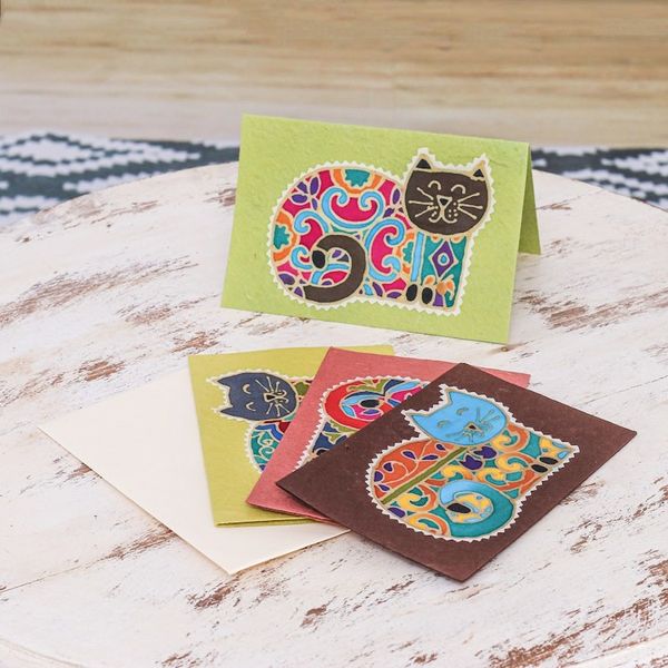 Alternate image for Batik Cotton and Paper Cat Greeting Cards Set of 4 Merry Kittens