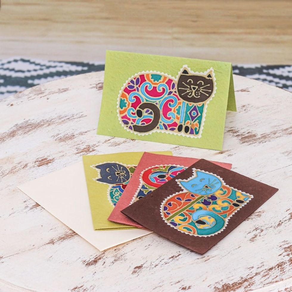 Batik Cotton and Paper Cat Greeting Cards Set of 4 'Merry Kittens'