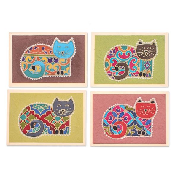 Alternate image for Batik Cotton and Paper Cat Greeting Cards Set of 4 Merry Kittens