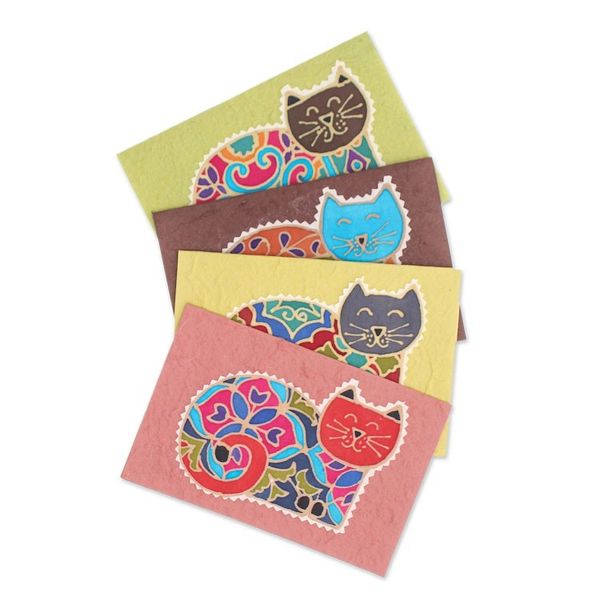 Alternate image for Batik Cotton and Paper Cat Greeting Cards Set of 4 Merry Kittens