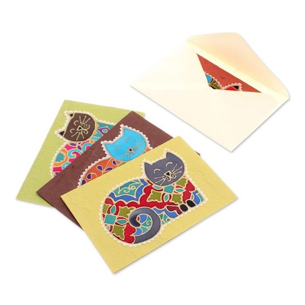 Alternate image for Batik Cotton and Paper Cat Greeting Cards Set of 4 Merry Kittens