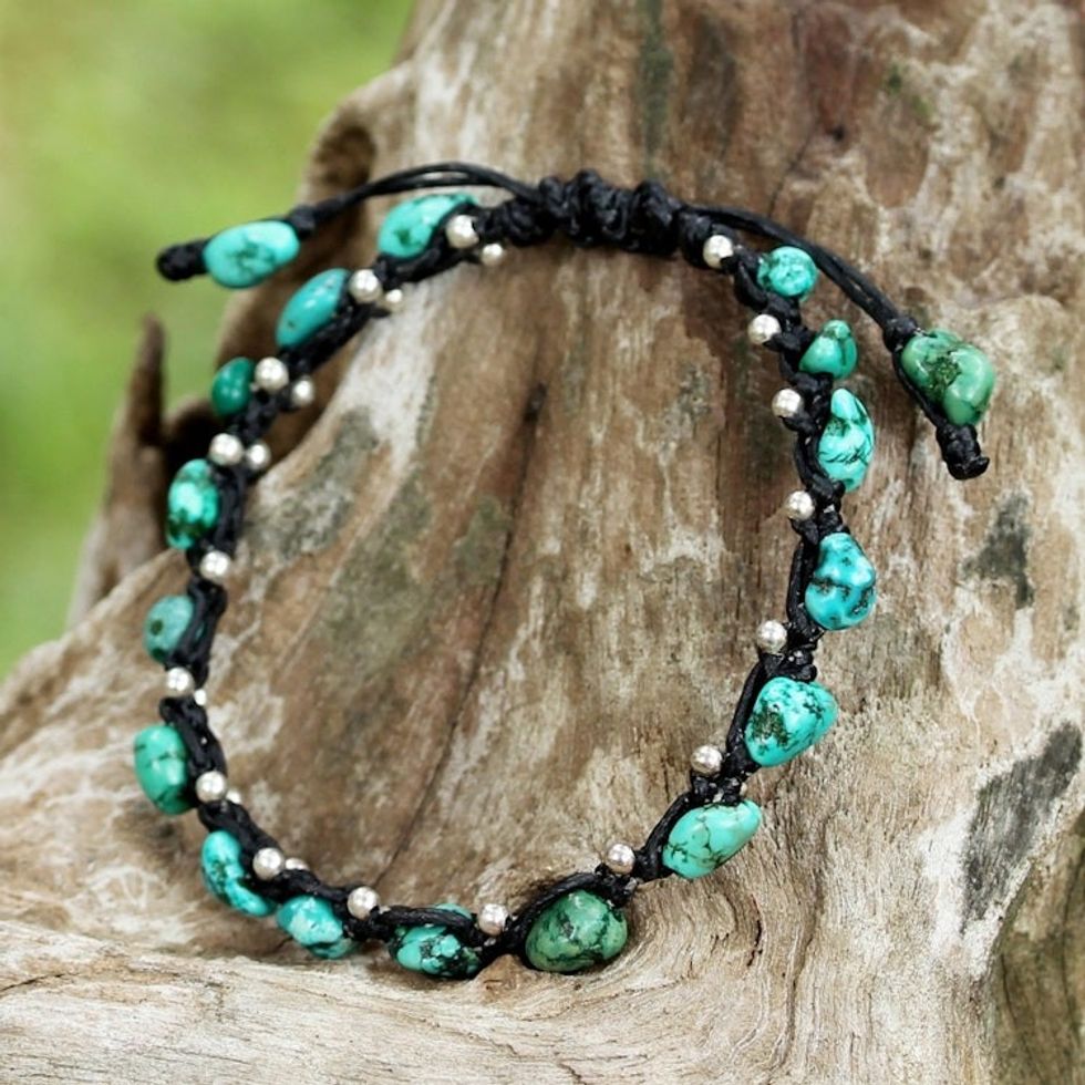 Thai Jewelry Braided Bracelet Turquoise Color 925 Silver 'Turquoise Bohemian'