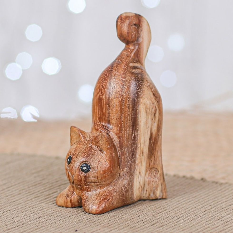 Hand-Carved Raintree Wood Stretching Cat Figurine 'Feline Relaxation'